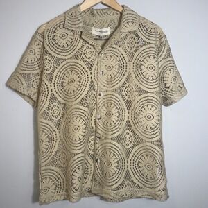 San Francisco Work Shirts Mens Medium Crochet Lace Button Down Beige Medallion